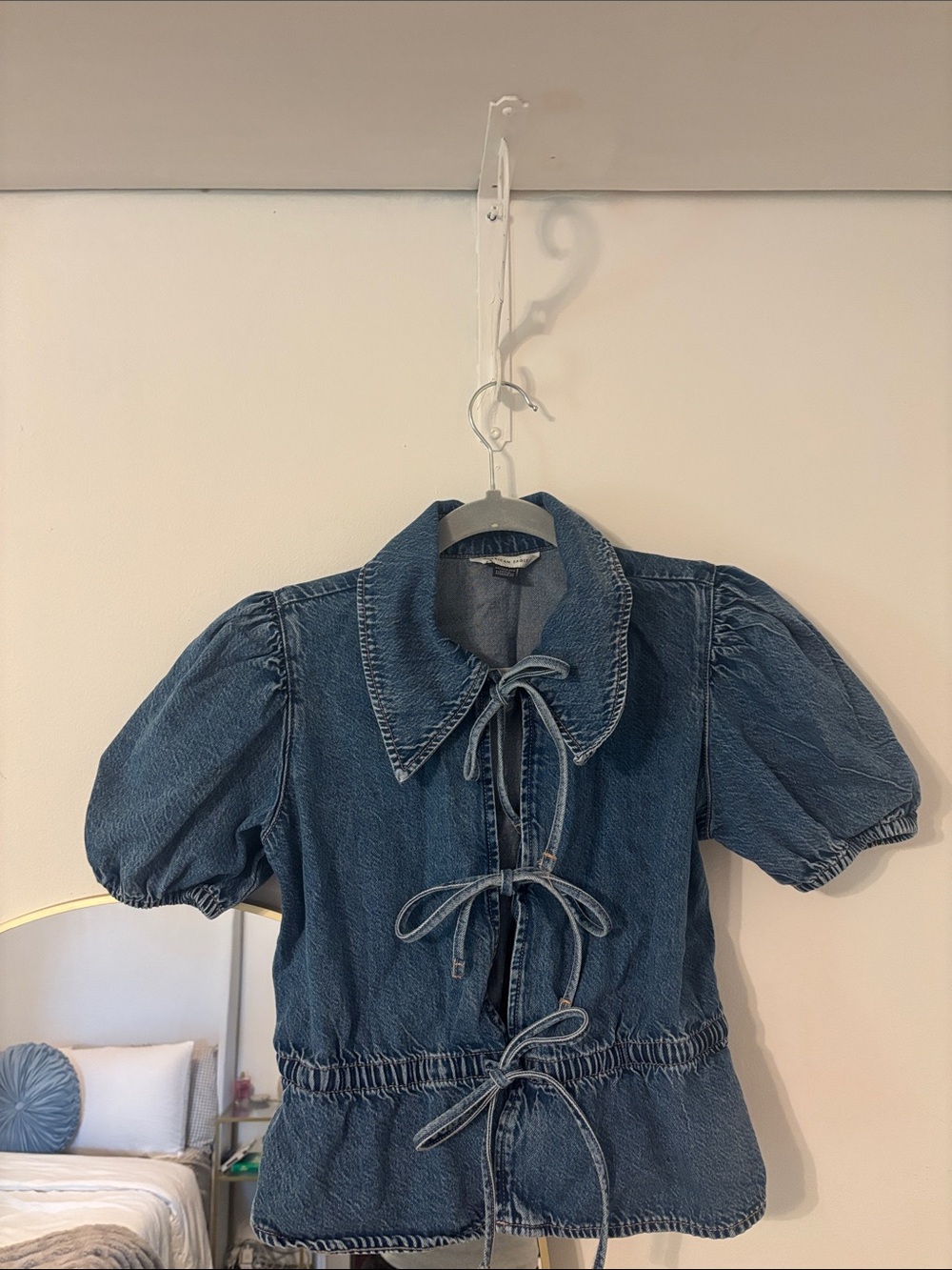 American Eagle Outfitters Blue Denim Puff-Sleeve Tie-Front Jacket